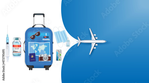 Get vaccine before you leave for travel after pandemic coronavirus. Protecting COVID-19 while traveling. Plane, Passport, medical mask, Bottle of hand sanitizer and vaccine. New normal concept. Vector