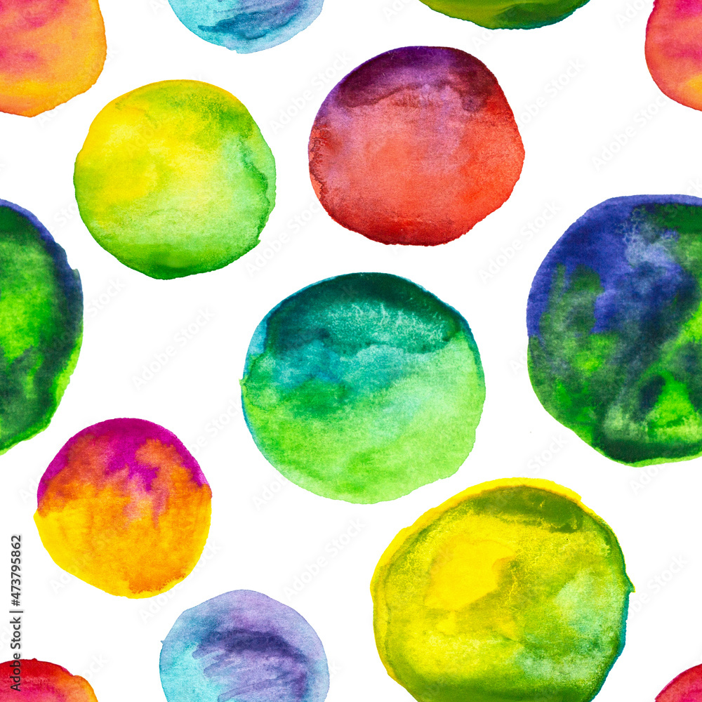 Seamless pattern of rainbow watercolor hand drawn circle isolated on white background