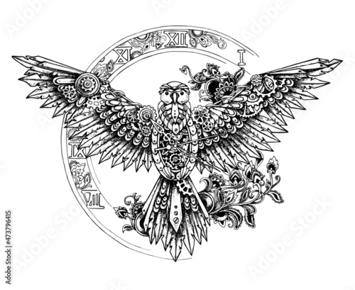 Mechanical bird in patterns with gears on the background of the dial