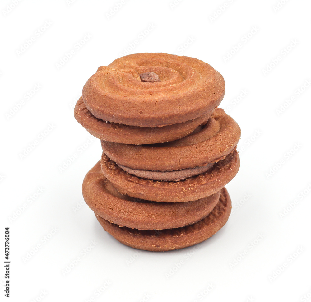 Chocolate Sandwich Cookies biscuits stuffed with chocolate isolated on white background Chocolate Sandwich Cookies biscuits stuffed with chocolate isolated on white background