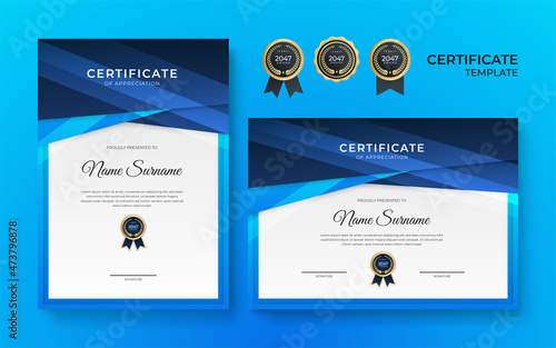 Blue and white gold certificate of achievement border template with luxury badge and modern line pattern. For award, business, design, appreciation, corporate, and education needs