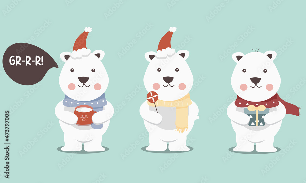 Set of winter white Christmas bears with scarf, hat, and cup