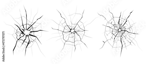 Set of cracked glass on white background. Variety cracks in flat style.