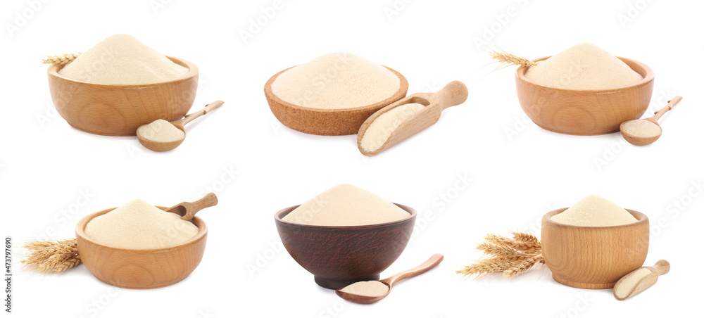 Set with uncooked organic semolina on white background. Banner design Set with uncooked organic semolina on white background. Banner design