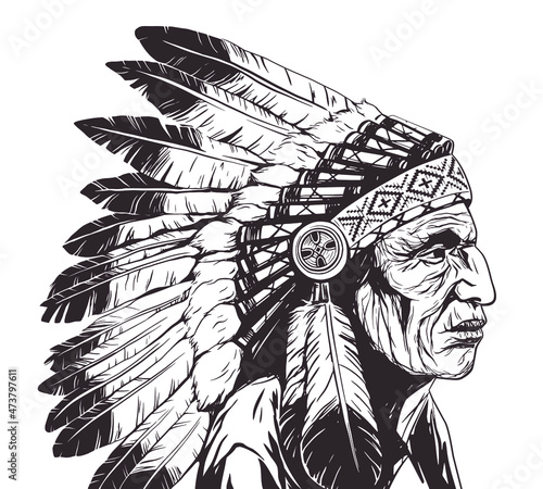 Vector Illustration of old Native American Indian chief in feathers war bonnet isolated on white background