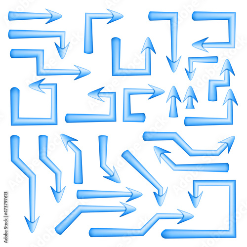 Set of blue arrows pointers with sharp straight angular turns isolated on white. Direction pointer.