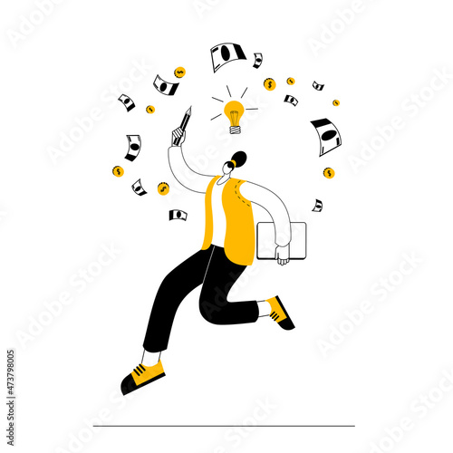 A girl in casual clothes happily jumps with a pencil and a computer in her hands among the money. Vector illustration in the style of sketches on the theme of a successful idea.