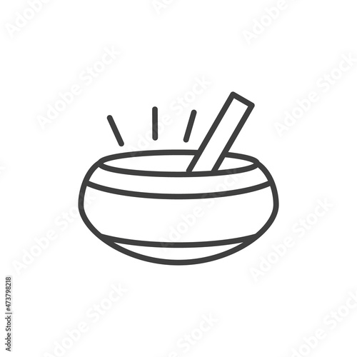 Tibetan singing bowl with a wooden resonant stick outline vector icon isolated on white background.