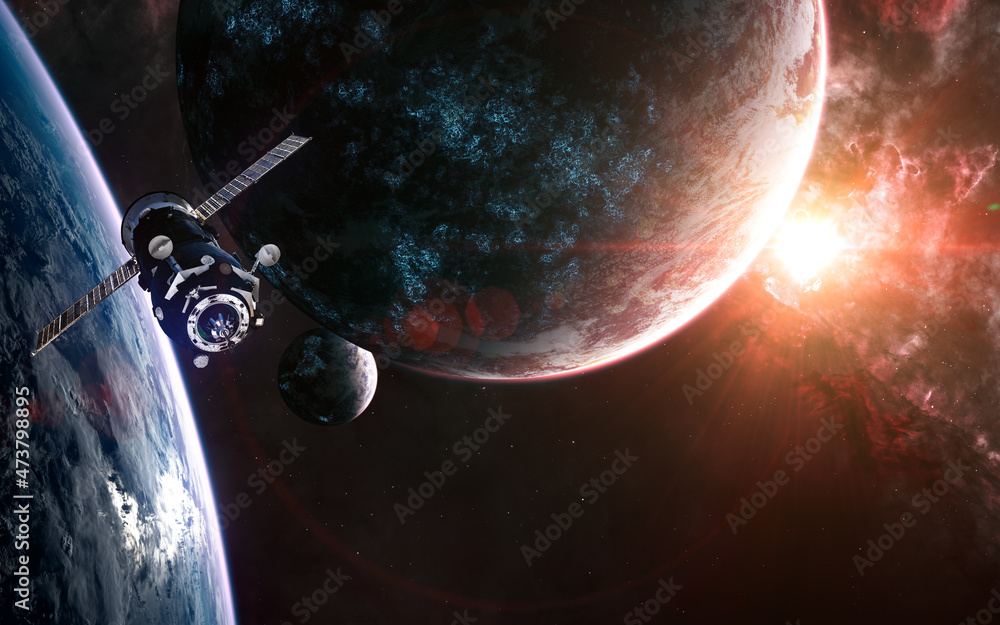Inhabited planets of deep space. Space station orbiting planet. Science fiction. Elements of this image furnished by NASA