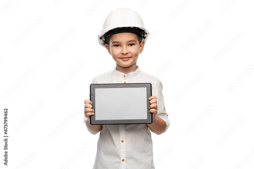 building, construction and profession concept - smiling little boy in helmet with tablet pc computer over white background building, construction and profession concept - smiling little boy in helmet with tablet pc computer over white background