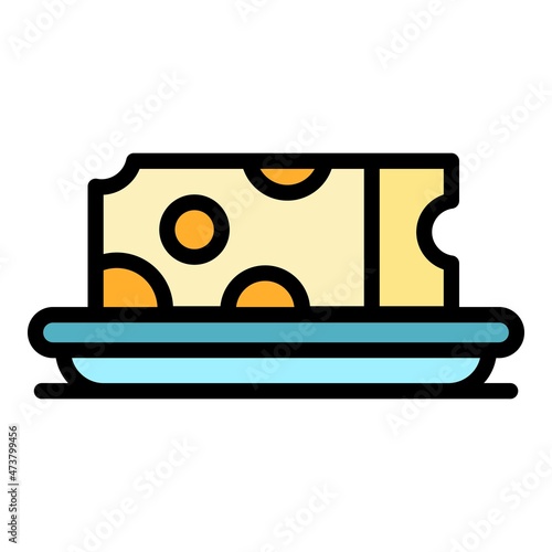 Cheese on plate icon. Outline cheese on plate vector icon color flat isolated