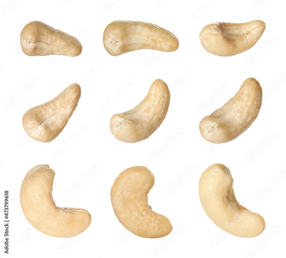 Set with tasty cashew nuts on white background Set with tasty cashew nuts on white background