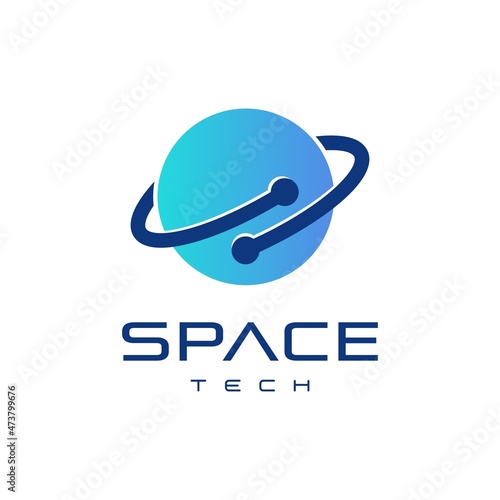 Space tech logo design concept,  combination of planet saturn with technology symbol logo design