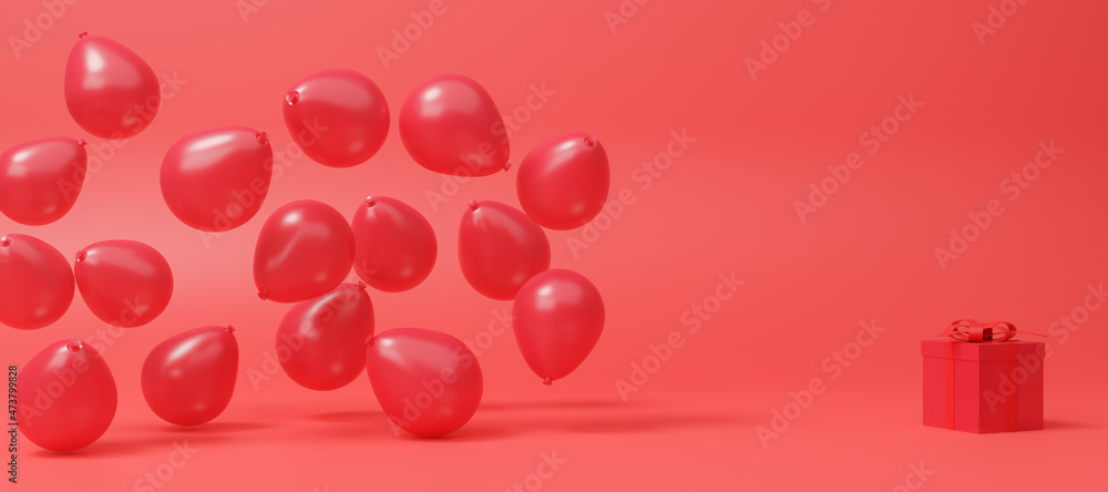 Red balloons with gift box on red background, design template Happy Valentine's day and Happy New year Concept, gift box with greeting card and balloons with empty space, 3D rendering illustration