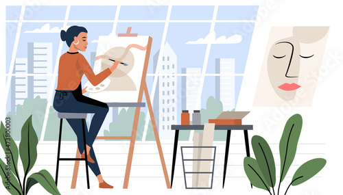 Artist creating canvas picture. Flat vector. Woman in art studio with paint and brush.