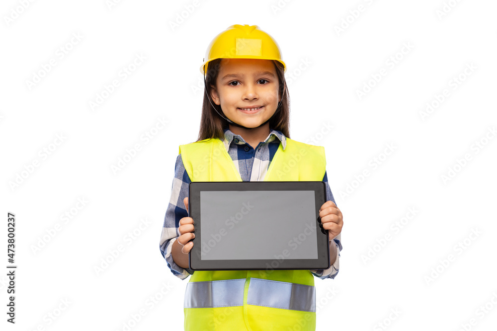 building, construction and profession concept - smiling little girl in protective helmet and safety vest with tablet pc computer over white background building, construction and profession concept - smiling little girl in protective helmet and safety vest with tablet pc computer over white background
