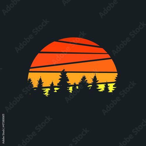 Forest landscape trees silhouettes with sunset on background. 