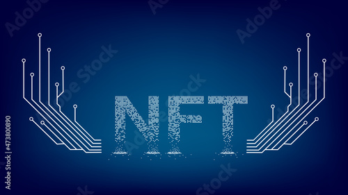 Crumbled text NTF non fungible token with wings from PCB tracks and copy space on blue background. Website header or banner.