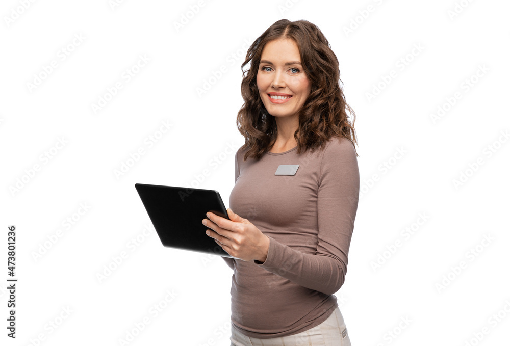 sale, shopping and business concept - happy female shop assistant with tablet pc computer name tag over white background sale, shopping and business concept - happy female shop assistant with tablet pc computer name tag over white background