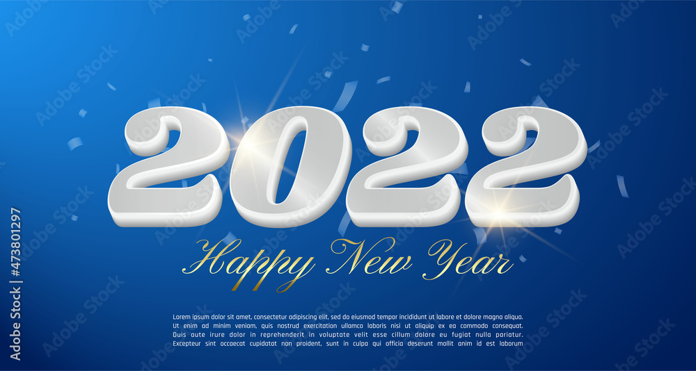 2022 Happy New Year in blue design 3D lettering with silver numeral coating 2022 Happy New Year in blue design 3D lettering with silver numeral coating