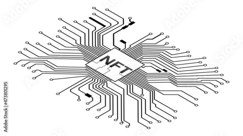 Isometric PCB tracks with NTF non fungible token in center isolated on white. Website design element.