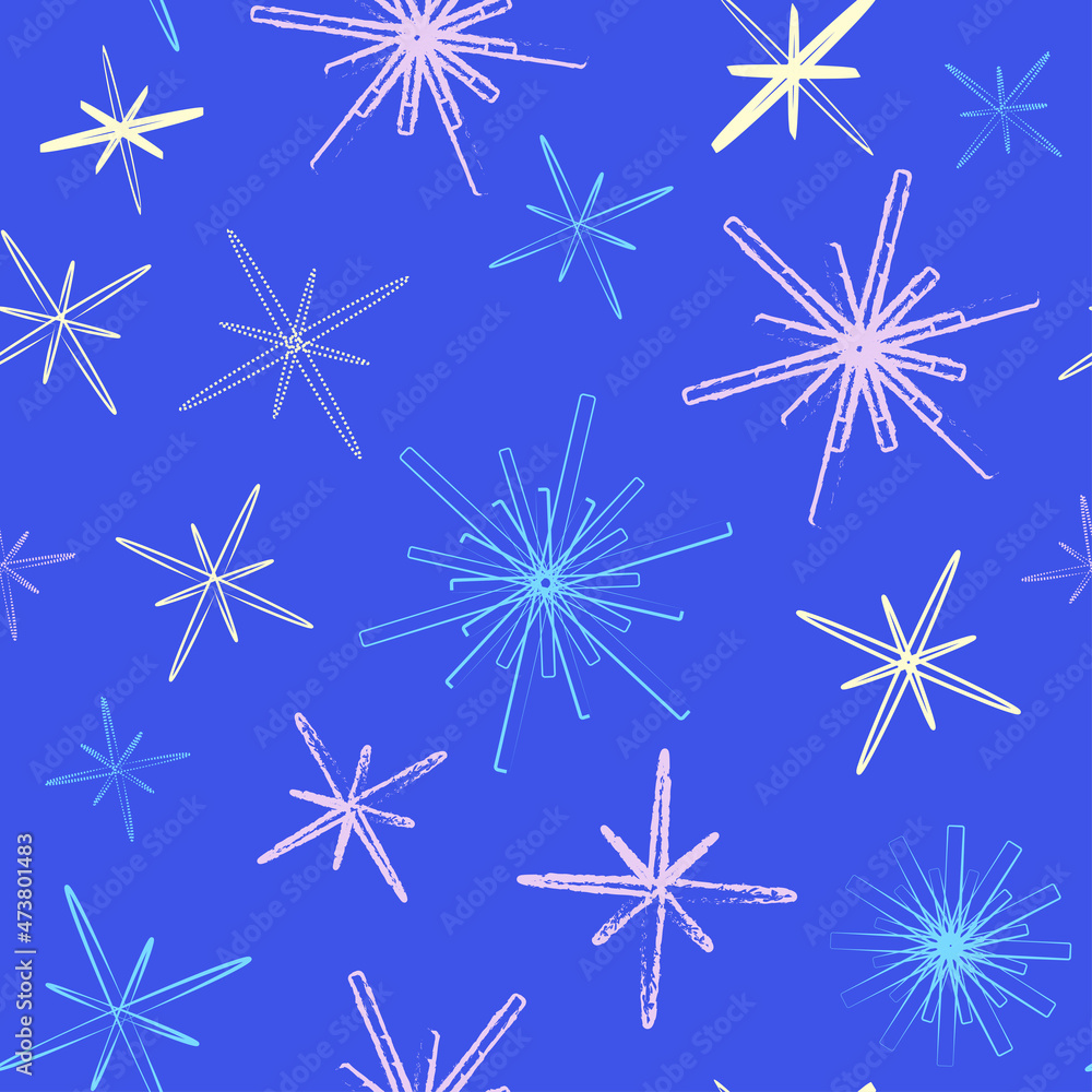 Seamless pattern with abstract snowflakes on a blue background. Pattern for wrapping paper, napkins, cards on the Christmas and New Year's theme. Seamless pattern with abstract snowflakes on a blue background. Pattern for wrapping paper, napkins, cards on the Christmas and New Year's theme.