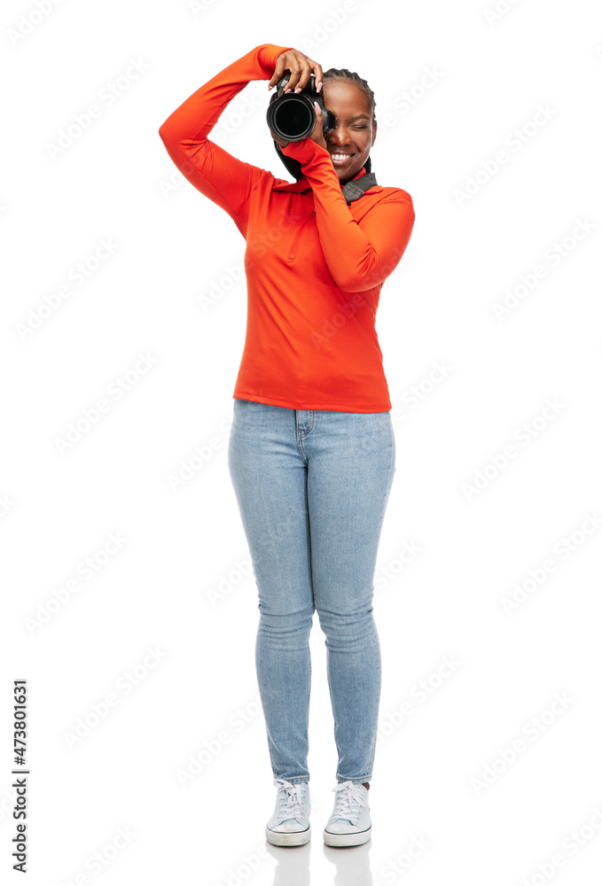 people, profession and photography concept - happy young woman with digital camera over white background people, profession and photography concept - happy young woman with digital camera over white background