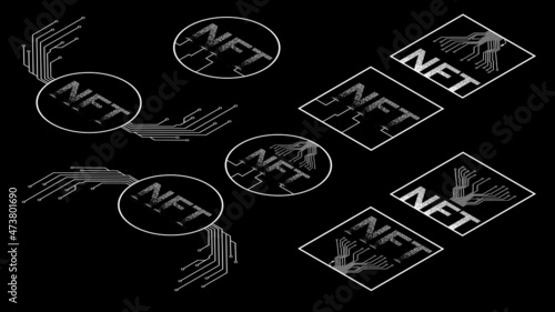 Set of Isometric white icons NTF non fungible token isolated on black background. Website design element.