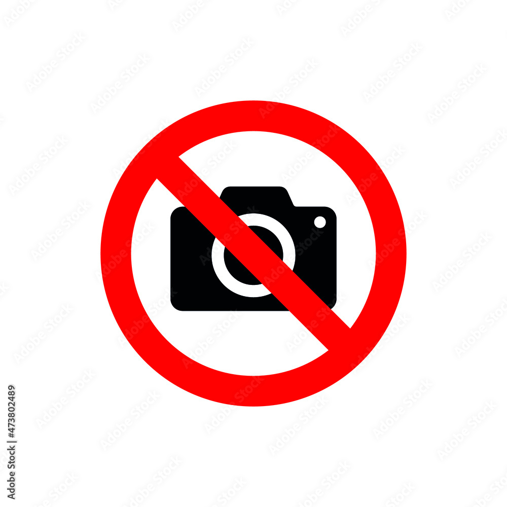 Sign prohibiting photography. Camera icon. You cannot take photographs. Round sticker with a red outline and a diagonal red line through it. Isolated vector illustration on white background. Sign prohibiting photography. Camera icon. You cannot take photographs. Round sticker with a red outline and a diagonal red line through it. Isolated vector illustration on white background.