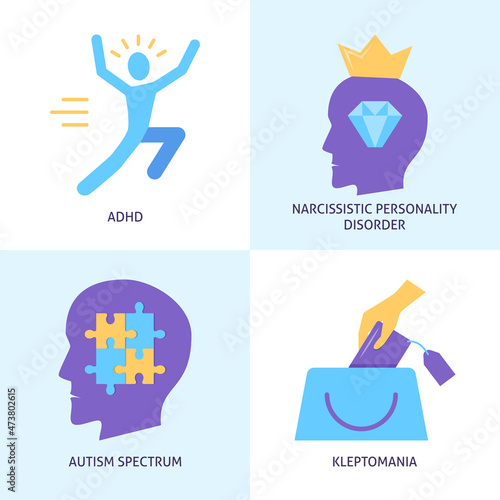 Mental disorders icon set in flat style