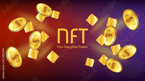 NFT non fungible token infographics with flying gold unique tokens and gold coins of dollars on colored background. Concept of earnings on NFT markets. Pay for unique collectibles.