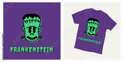 Cartoon Frankenstein face trendy t-shirt design illustration