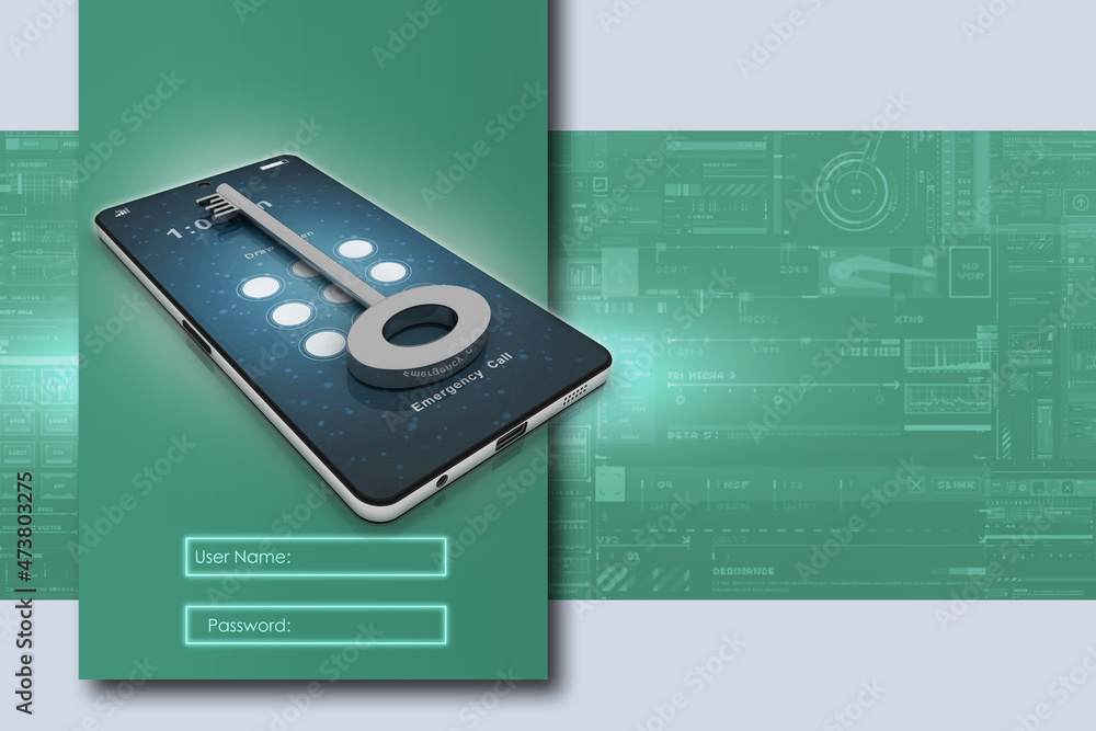 Obraz premium Smartphone key security concept. 3D illustration