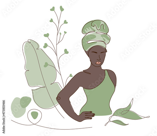 African beauty female outline body silhouette in traditional hat, hair wraps or afro. Vector illustration in flat design