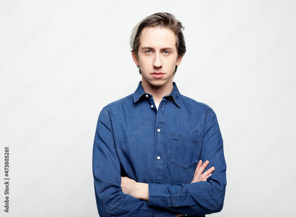 Portrait of positive cheerful cool man cross hand feel like true leader person Portrait of positive cheerful cool man cross hand feel like true leader person