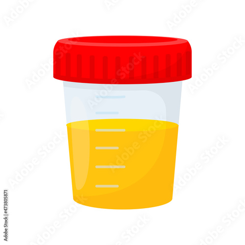 Analysis of urine. Plastic container for urine sample isolated on white background. Vector illustration in cartoon style