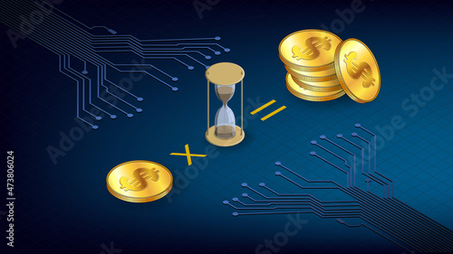 Isometric concept of earning coins during staking time with gold coins USD dollars and hourglass and PCB tracks on dark blue background. Header or banner. photo