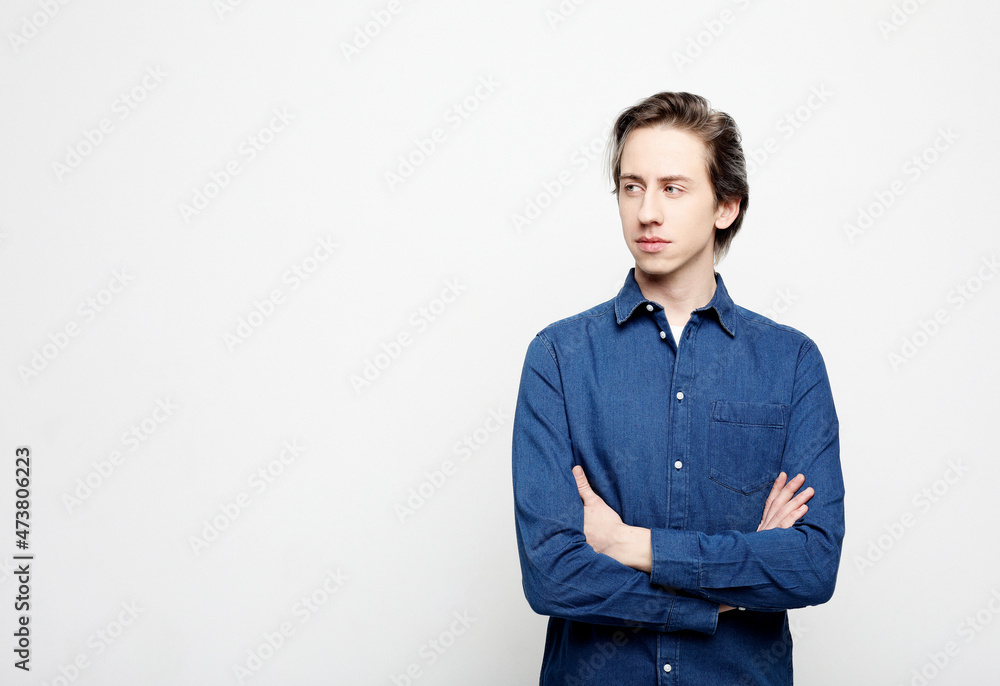 Portrait of positive cheerful cool man cross hand feel like true leader person Portrait of positive cheerful cool man cross hand feel like true leader person
