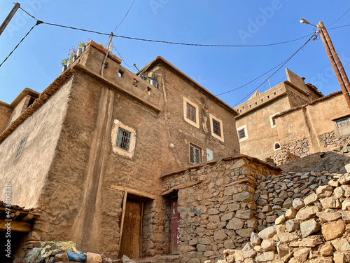 Typical stone houses in the High Atlas Mountains. Imlil valley, Morocco.