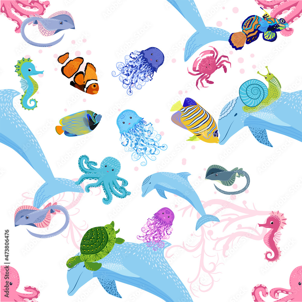 Marine life, fish, animals bright seamless pattern. sea travel, underwater diving animal tropical fish. Jellyfish, whale, shark, seahorse, clown fish, dolphin, turtle, emperor Marine life, fish, animals bright seamless pattern. sea travel, underwater diving animal tropical fish. Jellyfish, whale, shark, seahorse, clown fish, dolphin, turtle, emperor