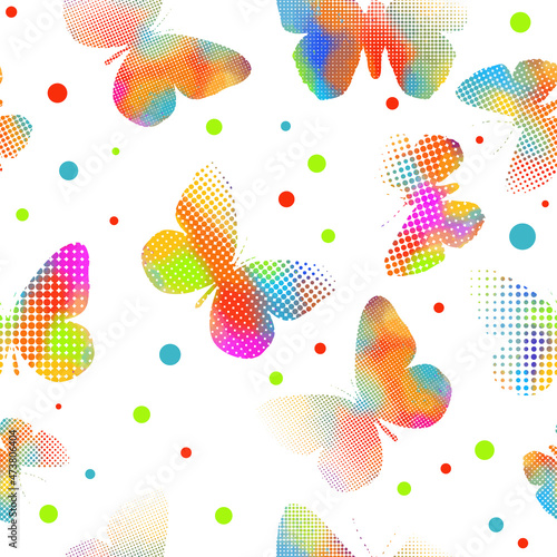 Colorful butterflies from dots. Light background. Seamless vector illustration