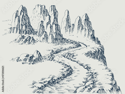 Hiking road in the mountains, alpine rocky landscape, mountain ranges  hand drawing