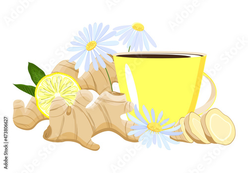 Tea with chamomile and ginger. Yellow cup, ginger root and chamomile flowers in vector