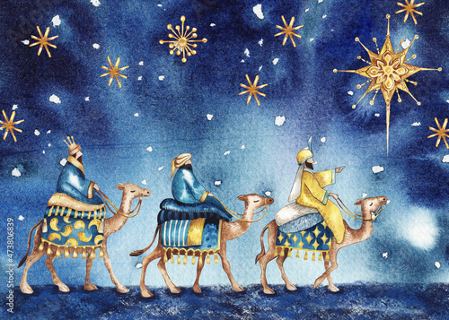 Schilderij op canvas Three Wise kings following the Star of Bethlehem watercolor illustration