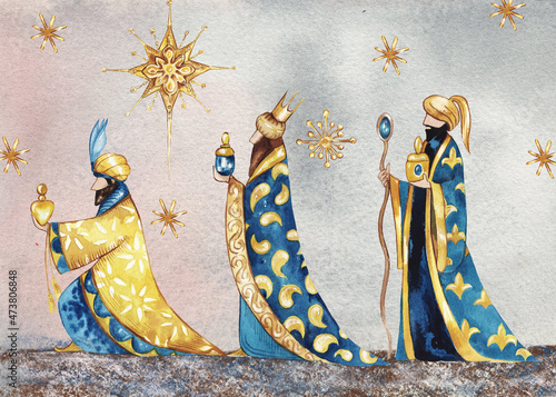 Fotografie Three Wise kings following the Star of Bethlehem watercolor illustration