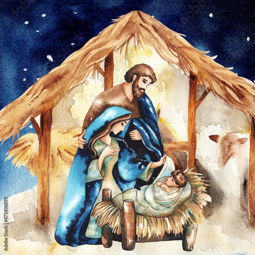 Fotografie, Obraz Christmas nativity scene of Joseph and Mary holding baby Jesus, hand drawn water
