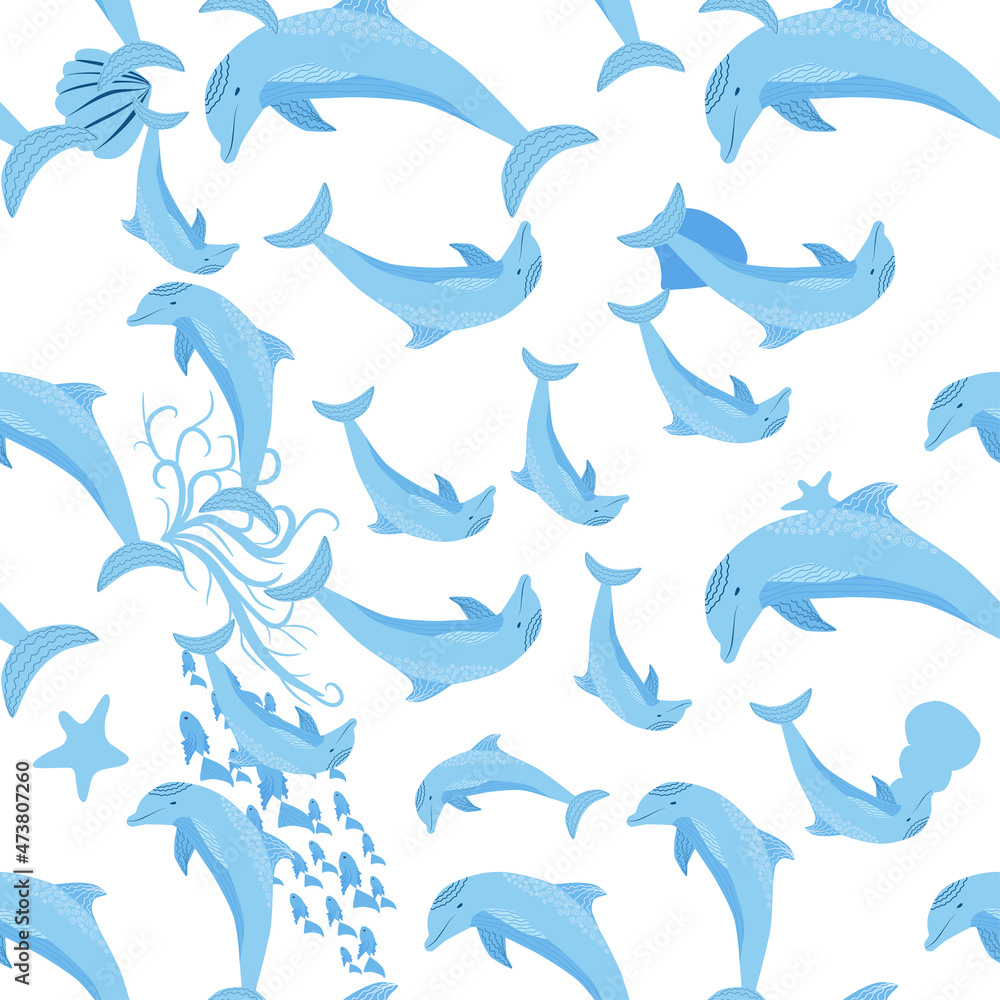 Dolphin, sea inhabitants seamless pattern, beautiful character among seashells, algae, starfish, marine wildlife Dolphin, sea inhabitants seamless pattern, beautiful character among seashells, algae, starfish, marine wildlife