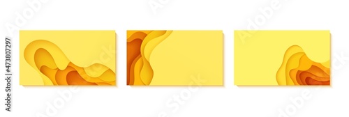 Srt of abstract yellow backgrounds in cut paper style. Cutout orange wallpaper. Wavy template for save the Earth posters, eco brochures, business presentations. Vector card illustration