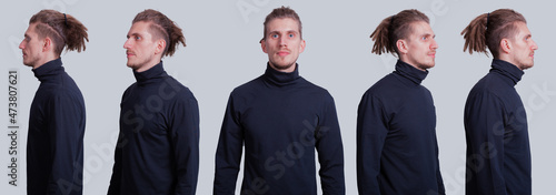 Set collage man in dark gray turtleneck and short dreadlocks on head standing on grey background. Different angle view of a young man face. photo