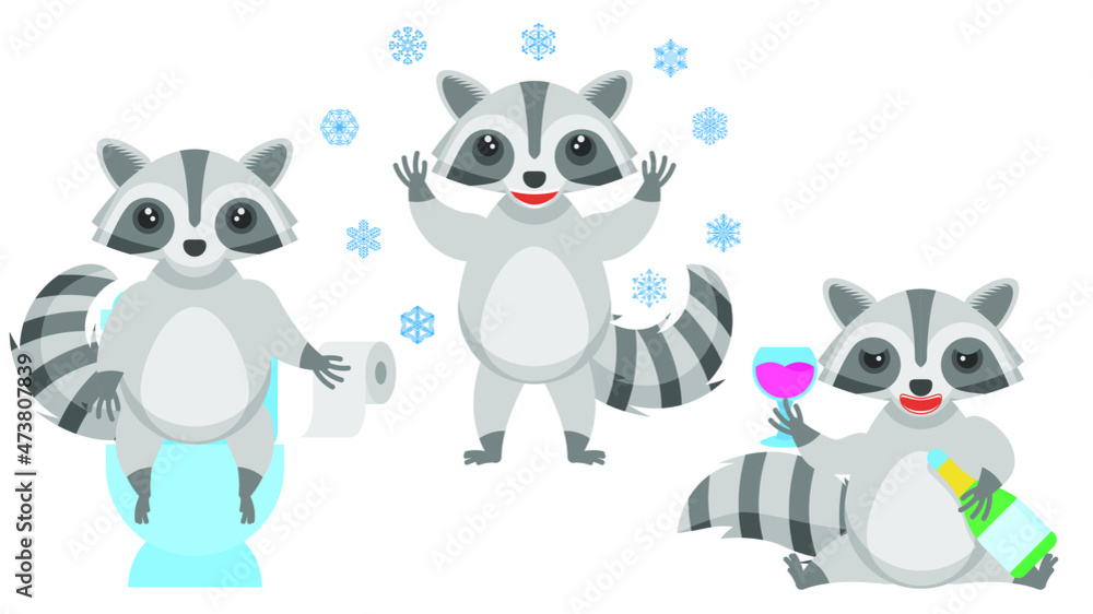 Obraz premium Set Abstract Collection Flat Cartoon Different Animal Raccons Sitting On The Toilet, Stands Under The Falling Snowflakes, Drinks Alcoholic Beverages Vector Design Style Elements Fauna Wildlife